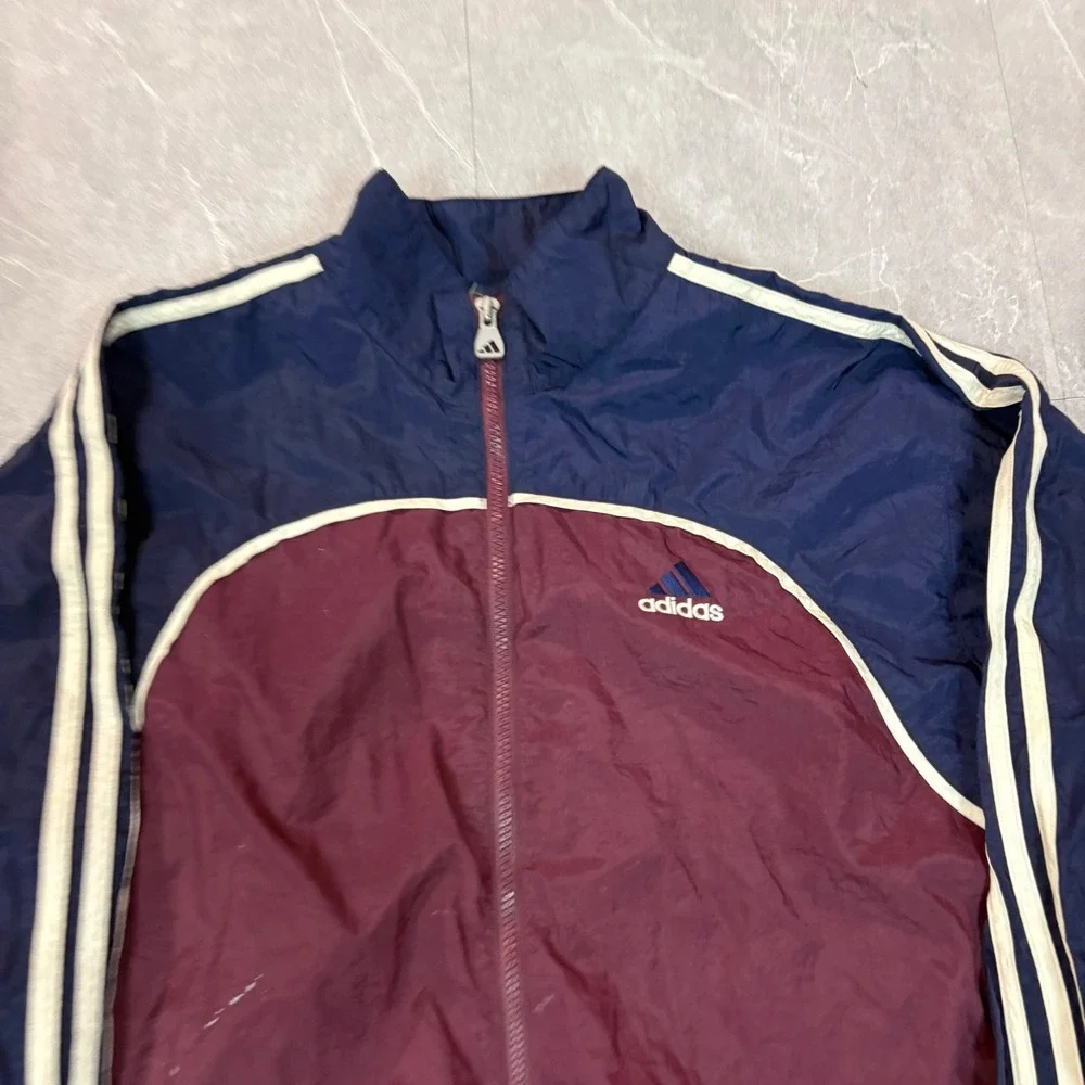 Adidas Vintage Windbreaker Jacket Navy Burgundy Colorblock Mens Large 3 Stripe